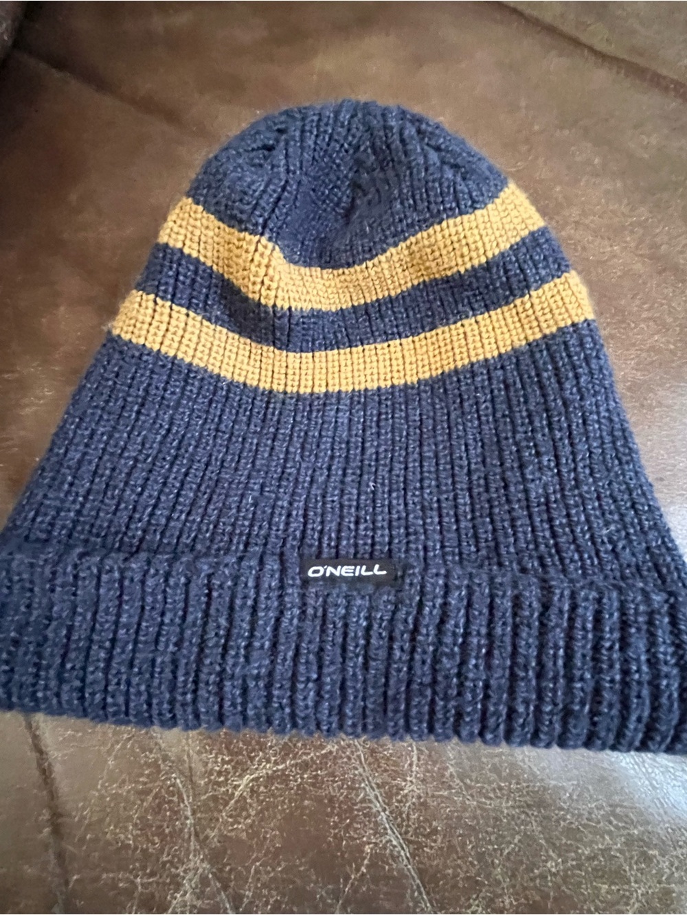 O'Neill Navy Knit Beanie with Yellow Stripes